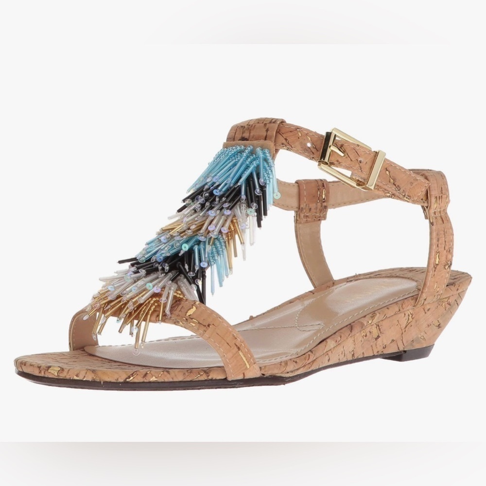 Beaded Cork T-Strap Wedge Sandal - Tan and Blue